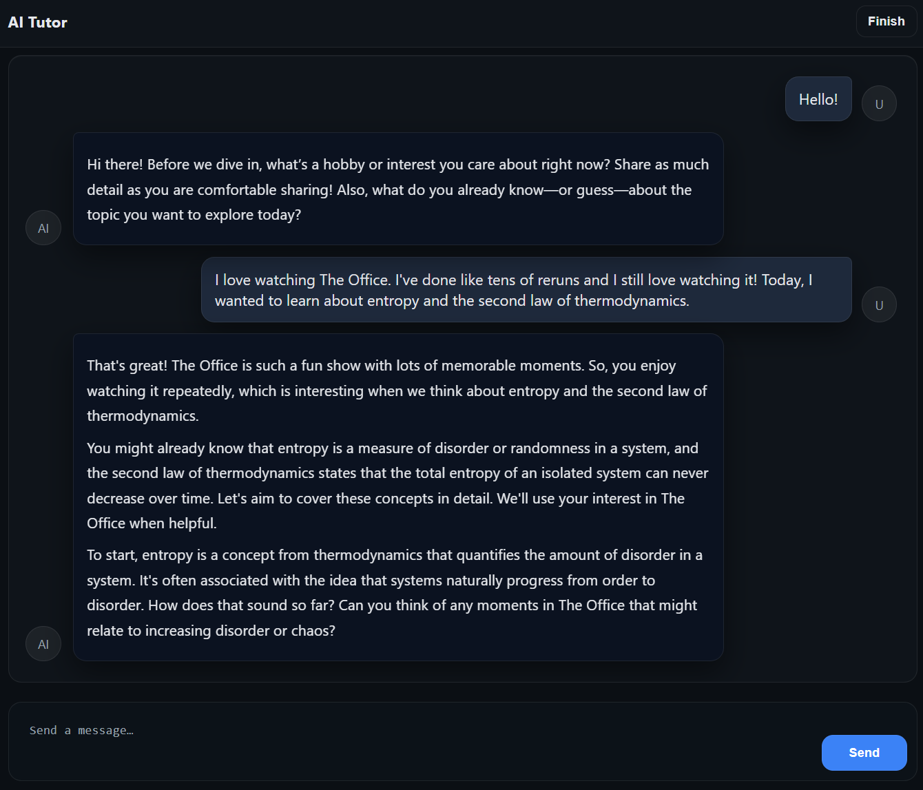 AI tutor chat interface opening a session by asking about the learner’s interest, then teaching entropy through "The Office"