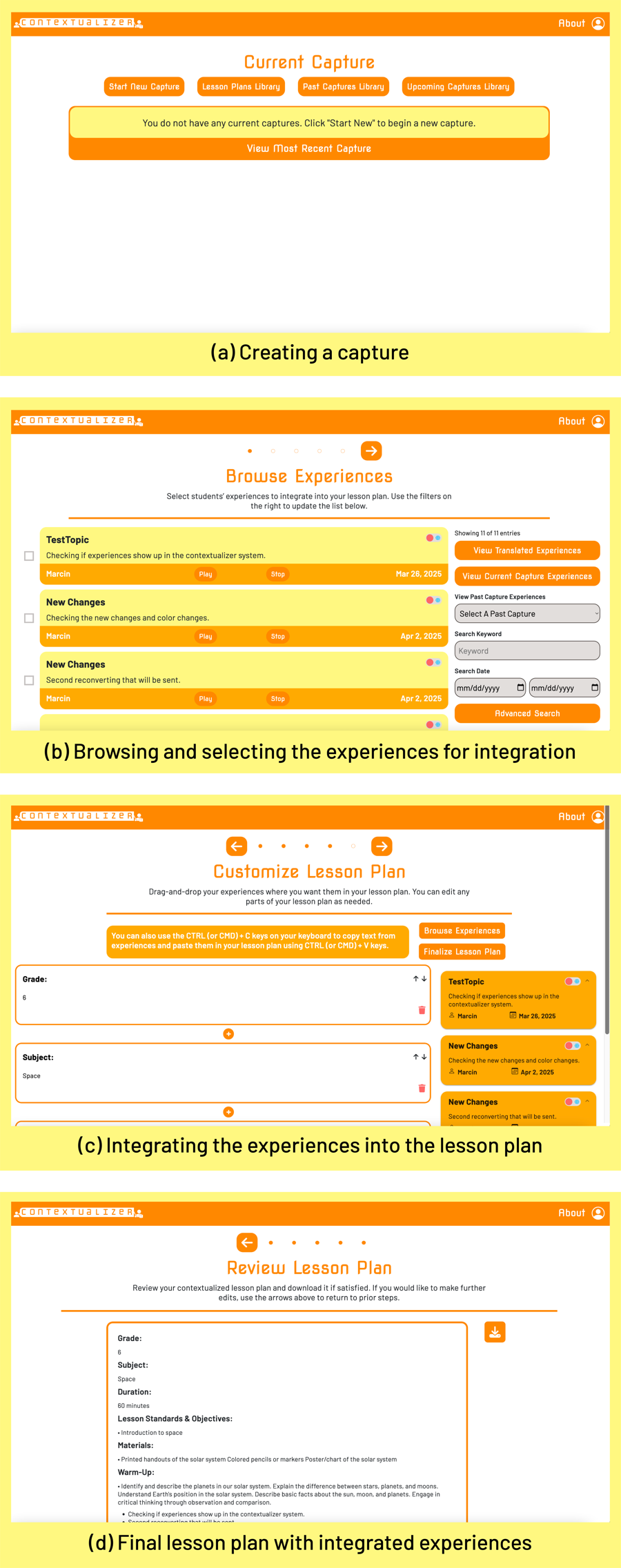 Contextualizer teacher portal screens: creating a capture, browsing experiences, integrating into a lesson plan