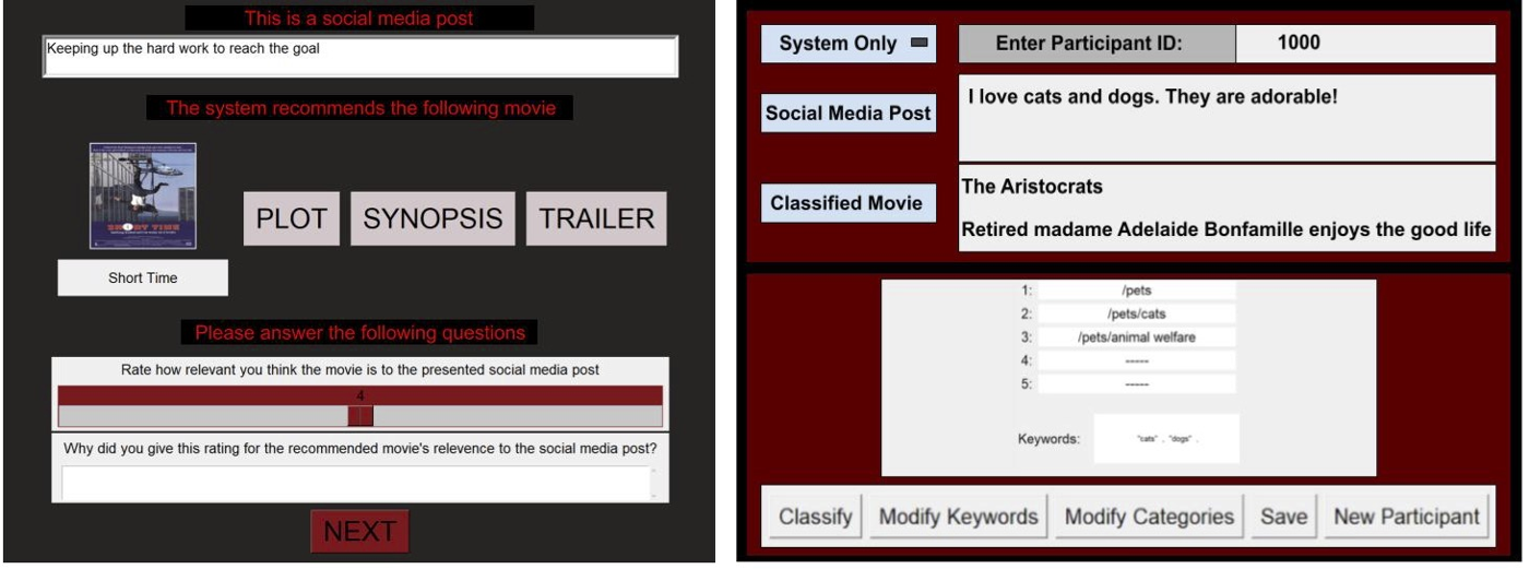 Two interfaces: the participant’s movie-recommendation rating screen, and the researcher’s companion interface for adjusting keywords and categories